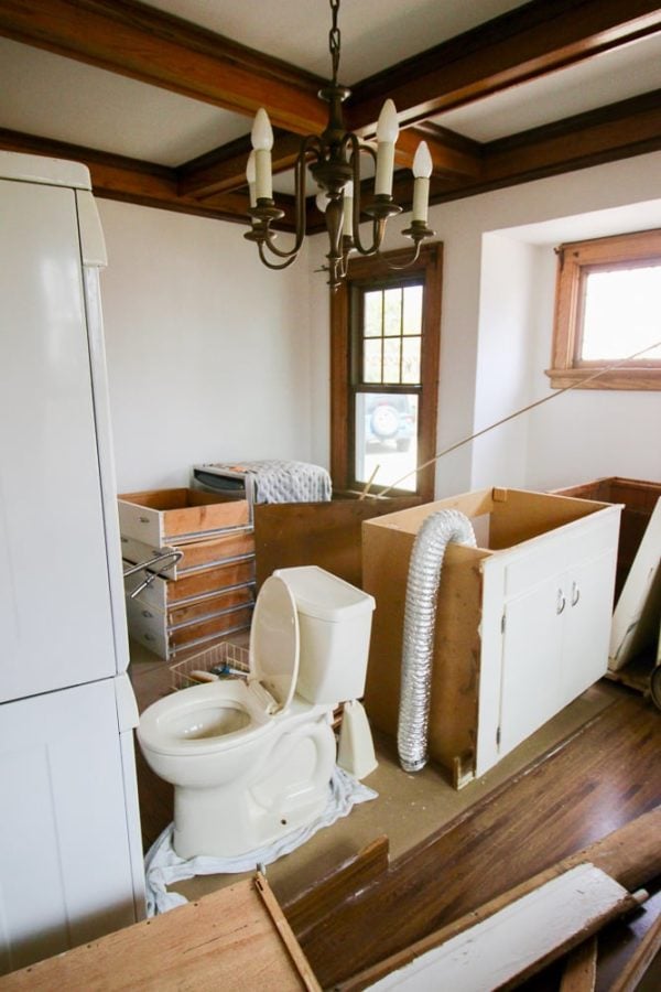 The dining room with the contents of the kitchen, powder room and laundry room.