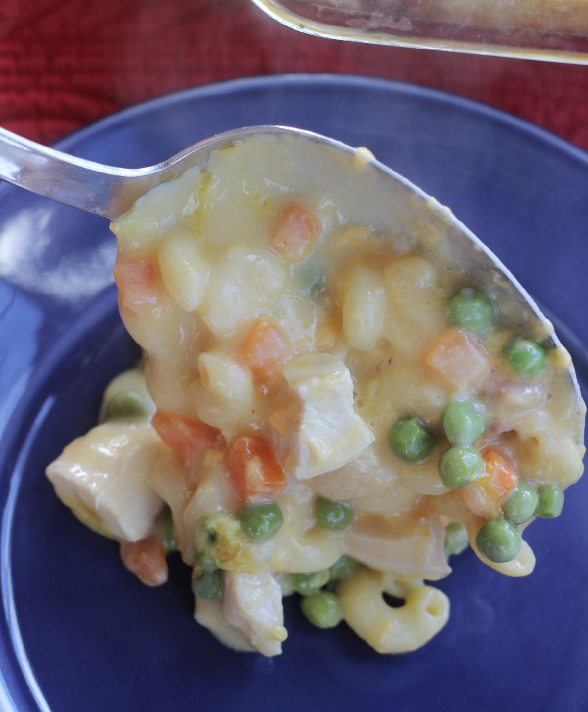 A big serving spoon of chicken noodle casserole with veggies and delicious chunks of chicken.