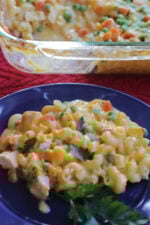 A serving of chicken noodle casserole with big chuncks of chicken, peas, carrots and noodles