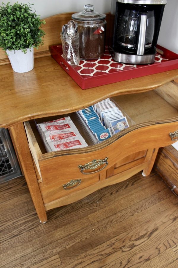 Drawers showing my tea and hot chocolate starage in my beverage & coffee bar.