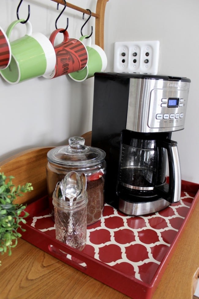 Closer view of coffee pot on tray on my coffee bar. 