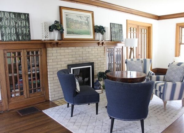 An overview of my blue themed living room in my vintage 1920's house.