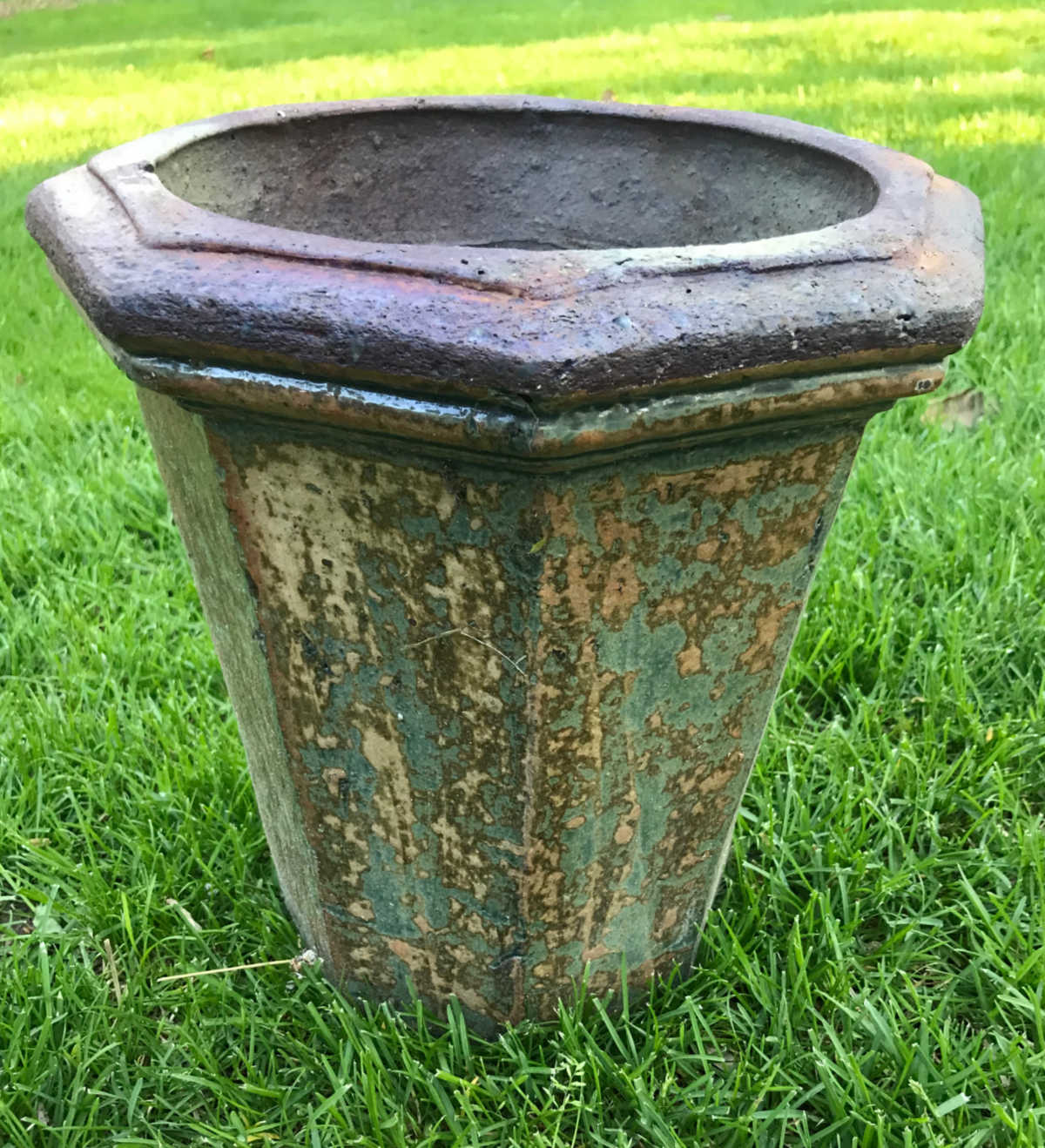 vintage planter with green patina