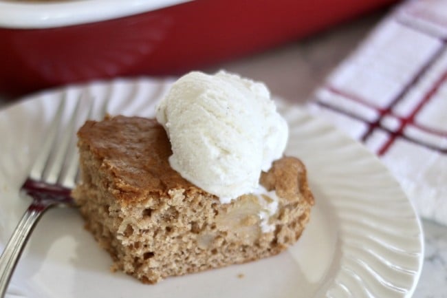 A piece of apple cake with a scoop of vanilla cake on top.