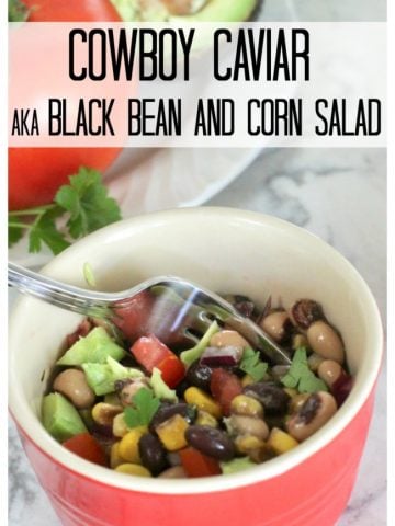 black bean salad in a red bowl