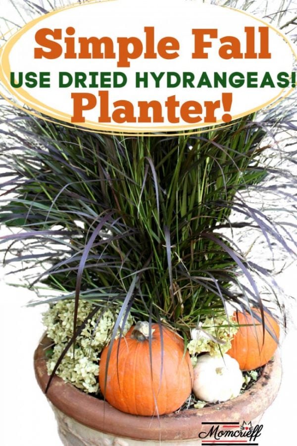 fall planter with tall grass, dried hydrangeas and orange pumpkins