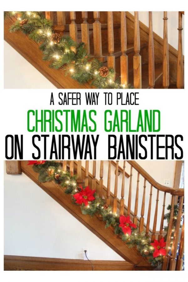 stairway with Christmas garland at the bottom