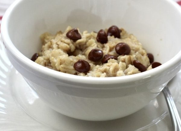 oatmeal with chocolate chips in a white bowl.