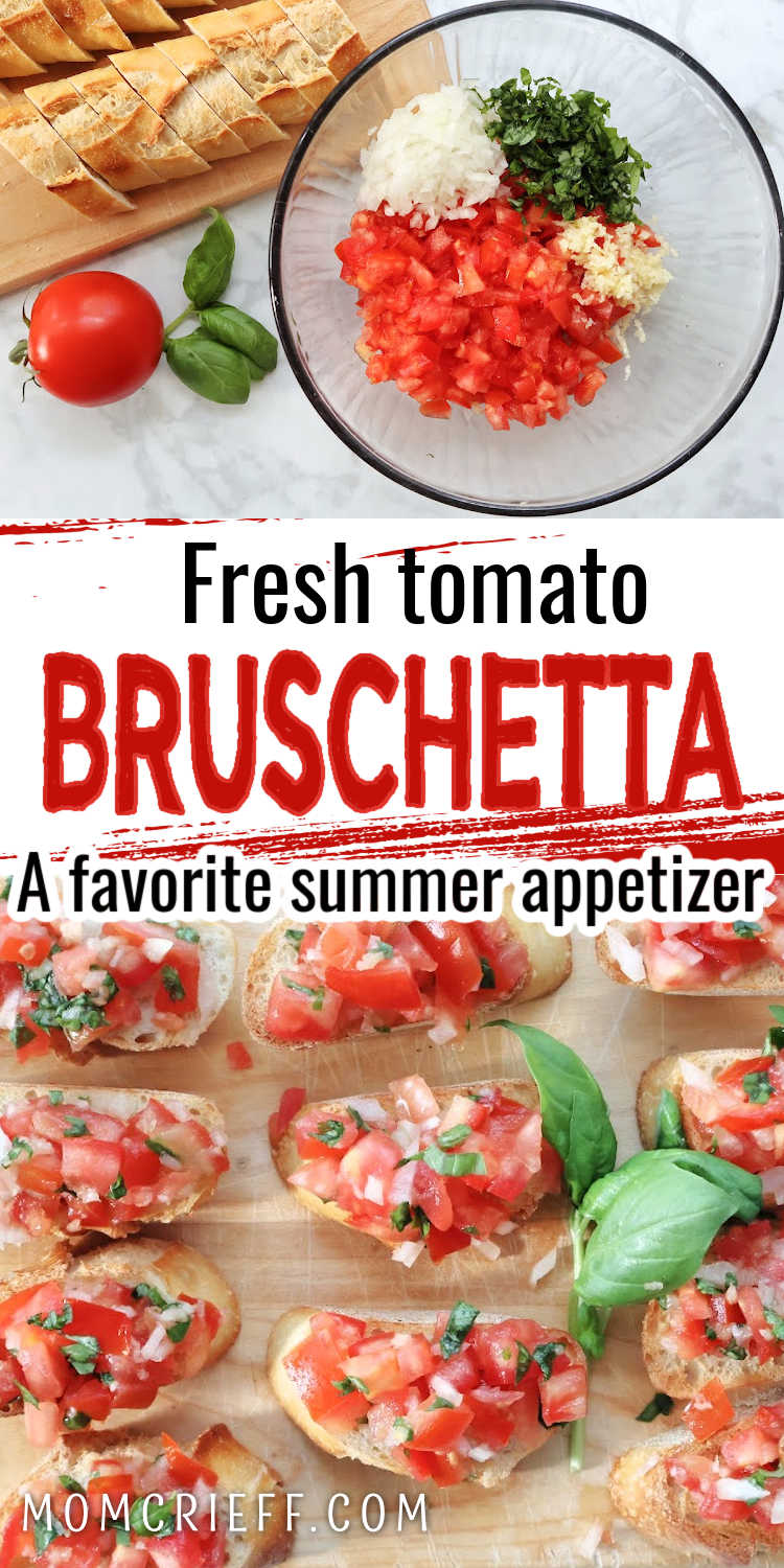 Ingredients prepped in a bowl including tomatoes, chopped basil leaves, minced garlic, olive oil.Overhead shot of toasted baguette slices topped with tomato basil bruschetta on a wooden serving board