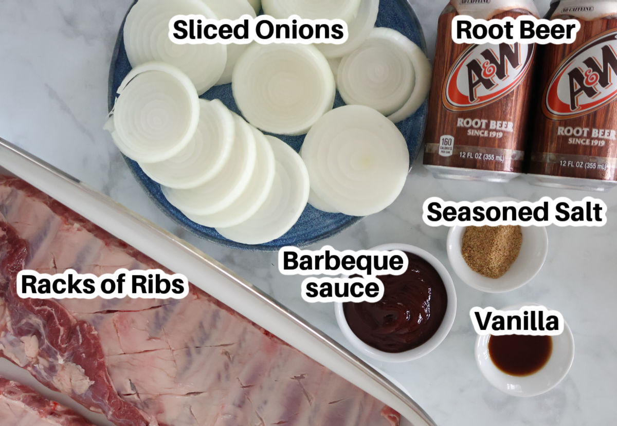 Root Beer Ribs ingredients which include racks of short ribs, onion slices, root beer, barbeque sauce, seasoned salt and vanilla.