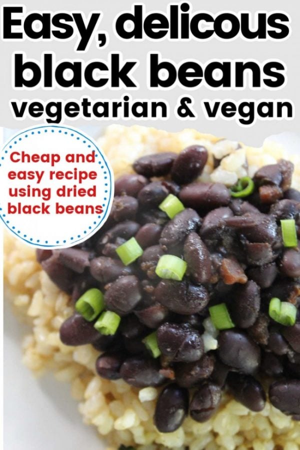 black beans on a bed of rice with some green onion garnish
