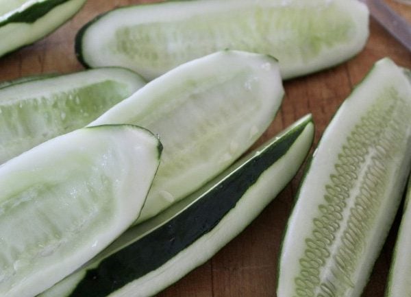 cucumbers cut in half with seeds scooped out