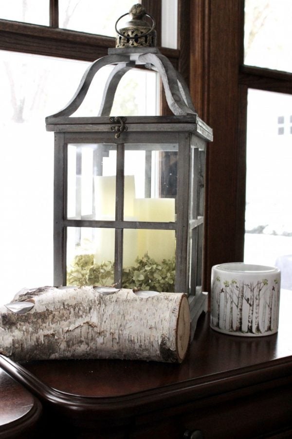 lantern with birch log and birch candle holder