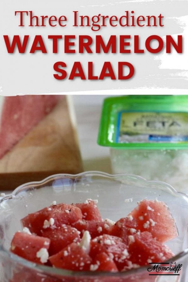 watermelon and feta salad with a text overlay