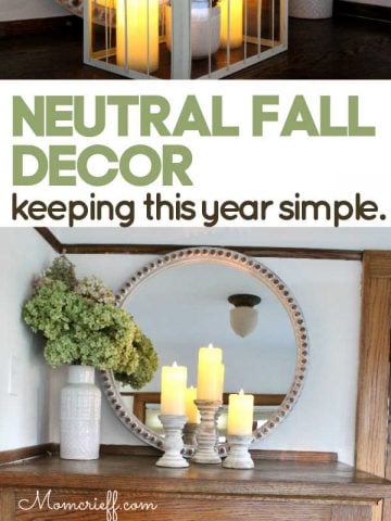 fall decor including candles, hydrangeas and cream colored vase, candleholders and round mirror frame