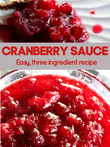 bright red cranberry sauce in a glass bowl. Text overlay stating easy, three ingredient recipe.
