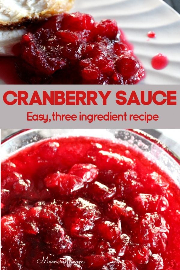 bright red cranberry sauce in a glass bowl. Text overlay stating easy, three ingredient recipe.