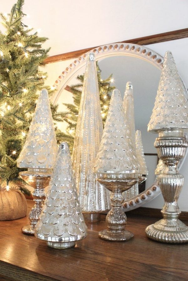 mercury glass christmas tree on silver candle holders