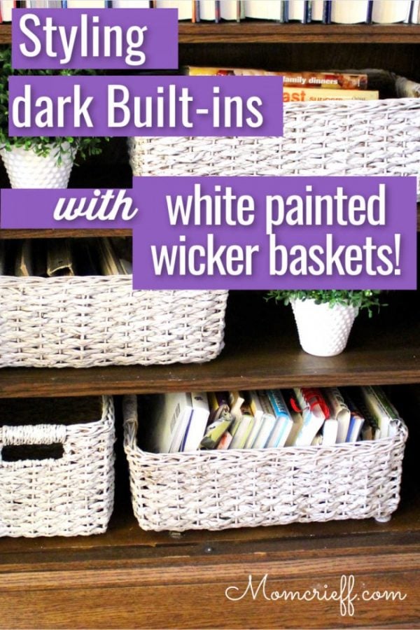 background of styled shelves with white baskets