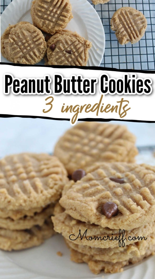 close up of peanut butter cookies with text overlay describing three ingredient peanut butter cookies