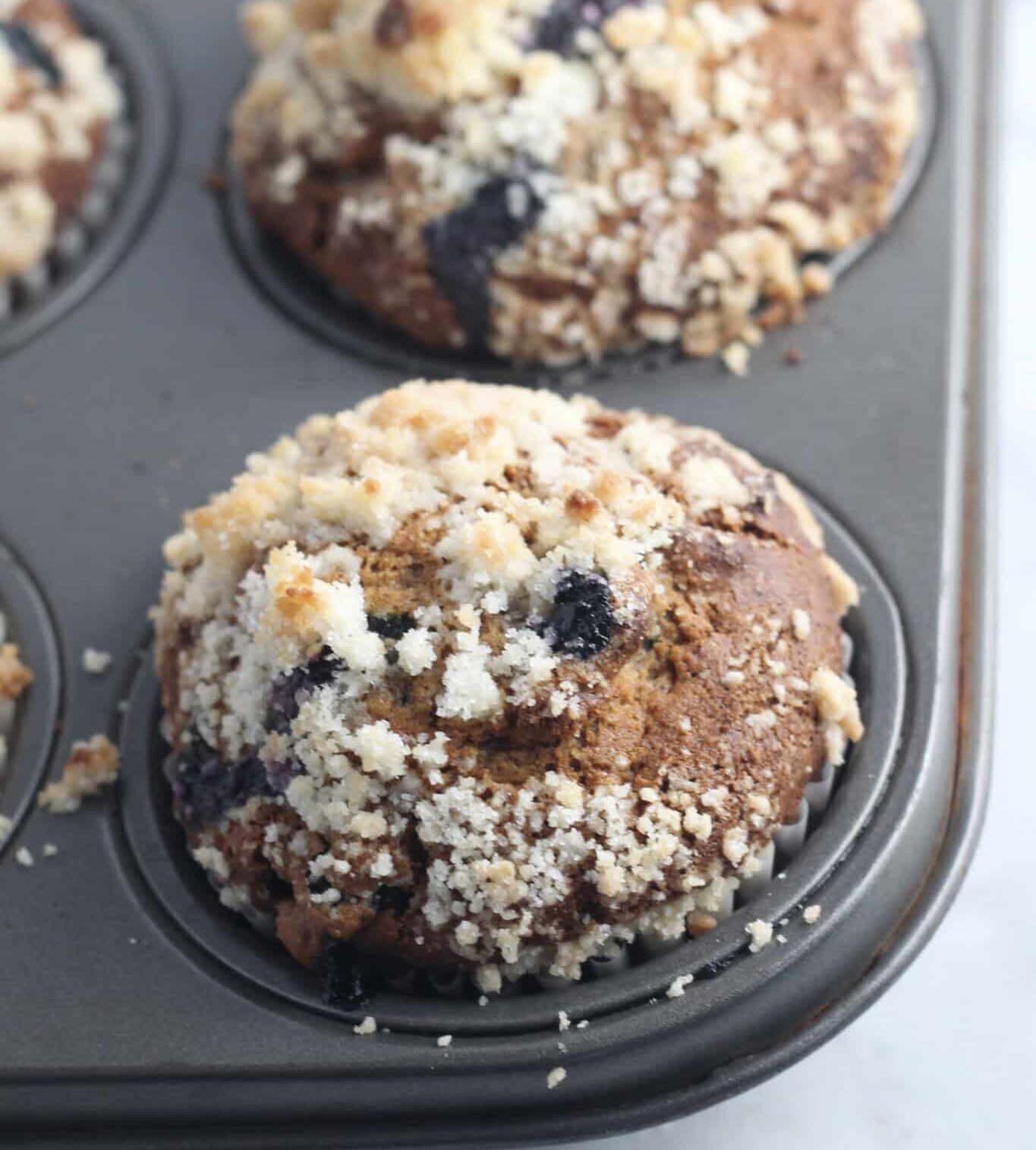 closeup of pumpkin blueberry muffins in a muffin tin