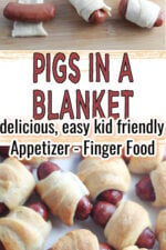 Pigs in a blanket (Lil smokies wrapped in crescent rolls) on a white tray. Text states Pigs in a blanket. Delicious easy kid friendly. Appetizer - Finger Food.