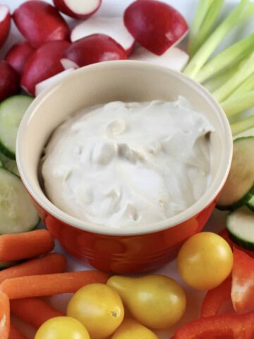 vegetable dip in the center of raw vegetables