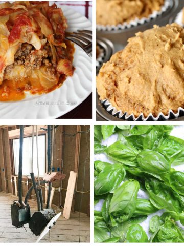 collage showing deconstructed cabbage rolls, pumpkin muffin, freh basil and a kitchen under construction.