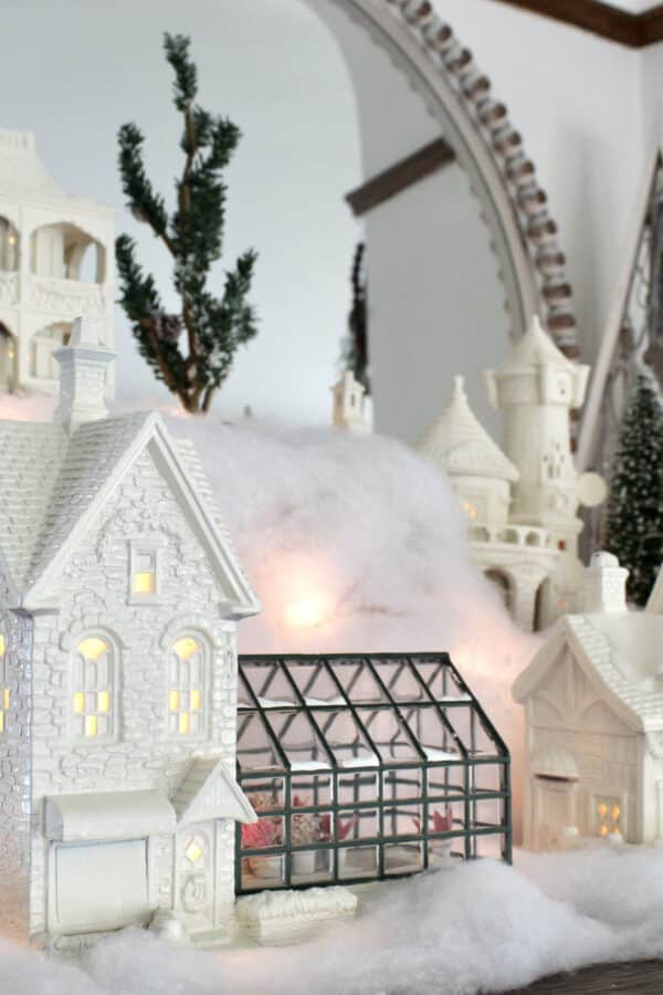 close up of white christmas village homes