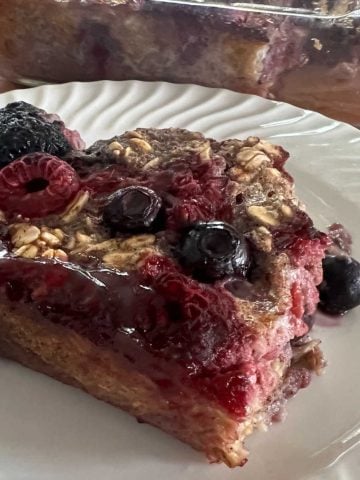 a serving of baked oatmeal with mixed berries
