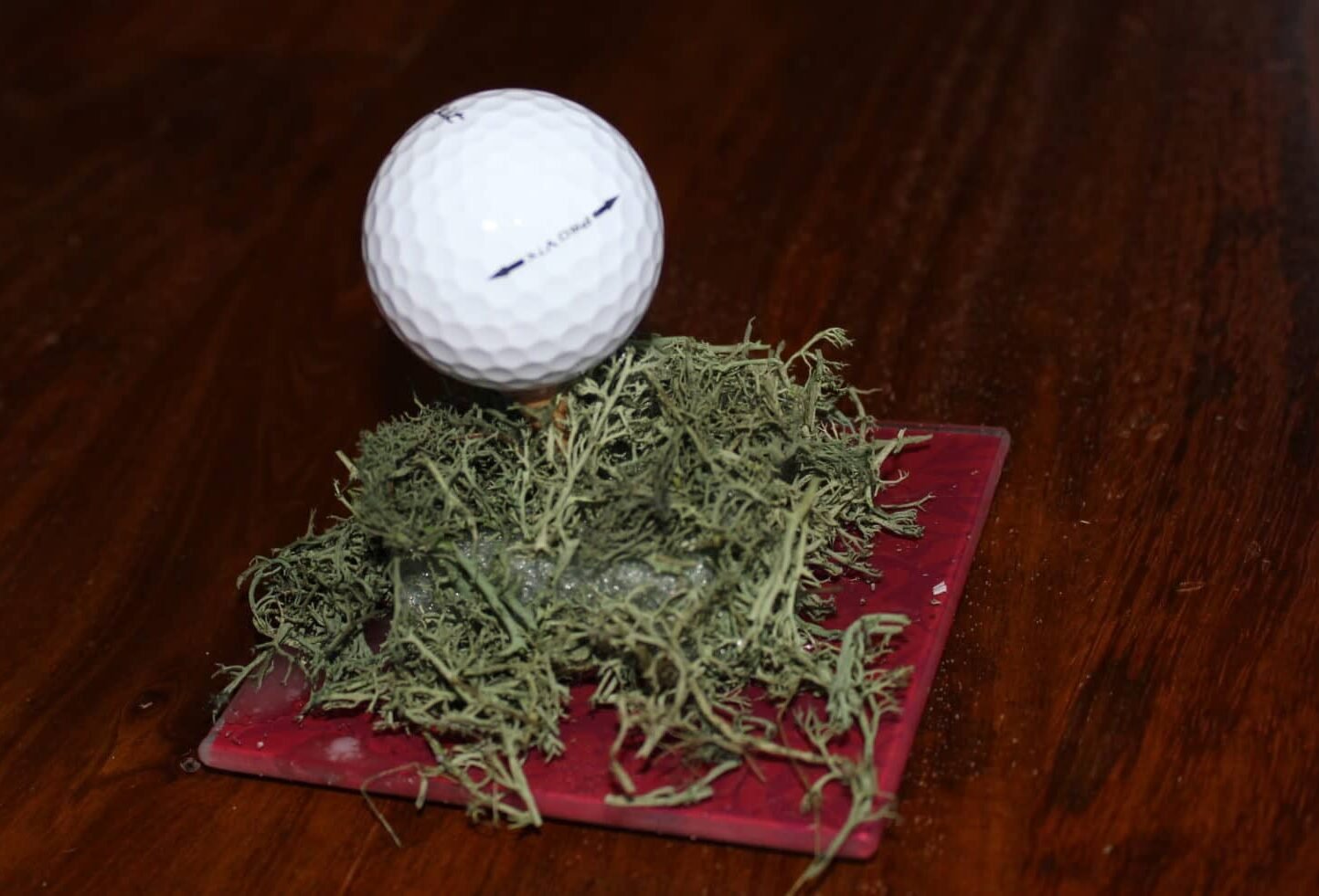 golf ball teed up on moss covered styrofoam