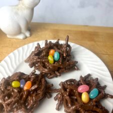 chocolate covered chow mein shaped in a nest
