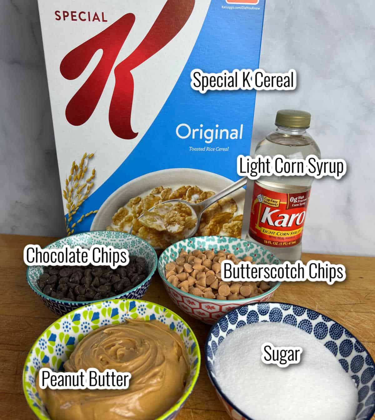 ingredients for special K cereal including cereal, light corn syrup, chocolate and butterscotch chips, peanut butter and sugar.
