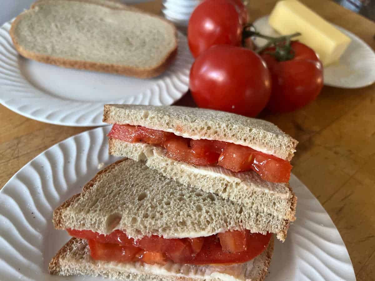 tomato sandwich in foreground with tomatos and bread in background