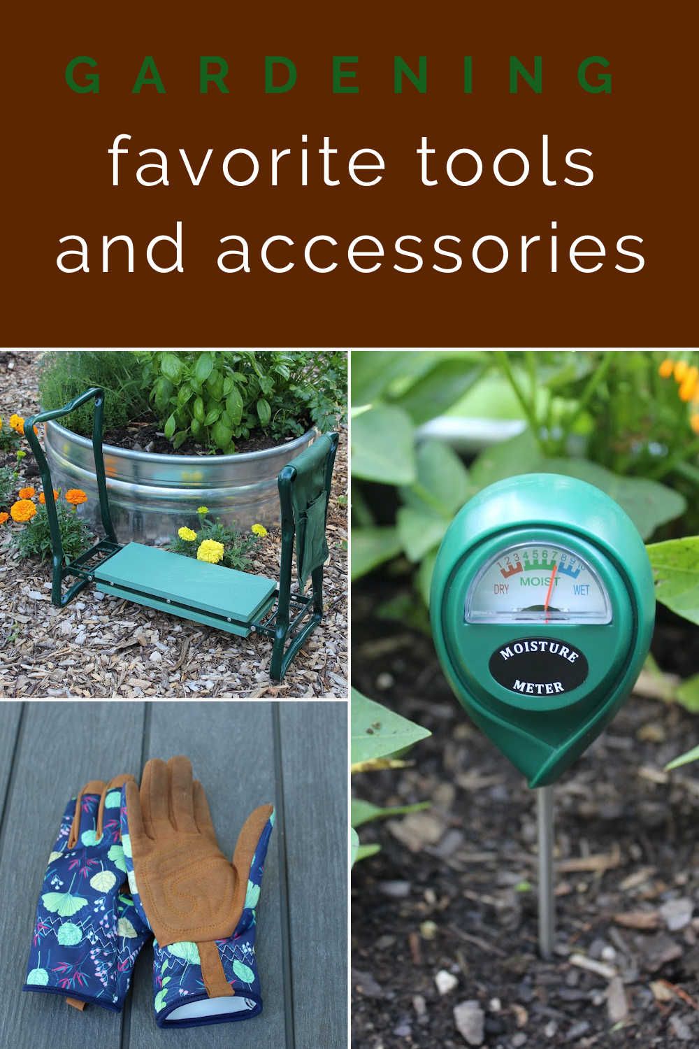 collage with moisture meter, kneeler and garden gloves