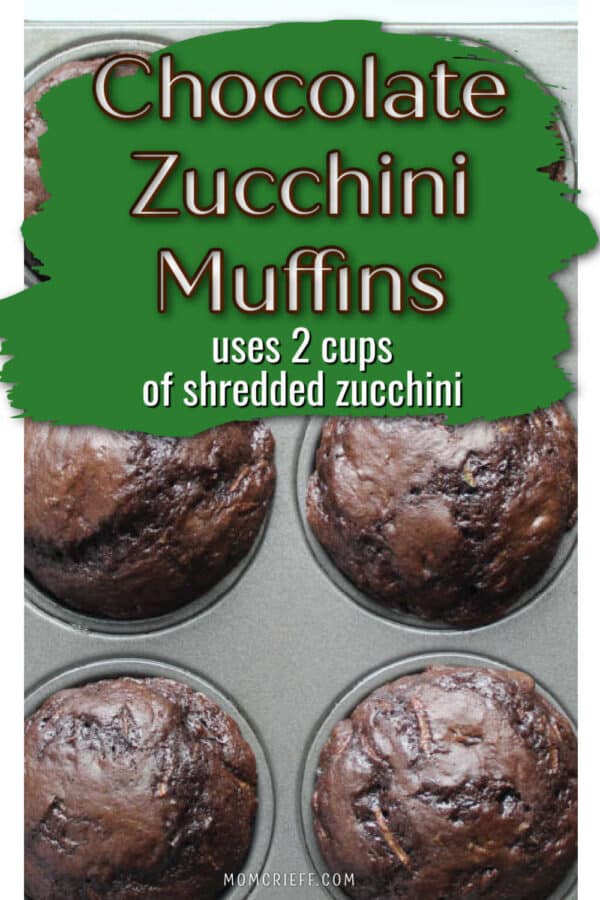 zucchini muffin with overlay stating uses 2 cups of shredded zucchini