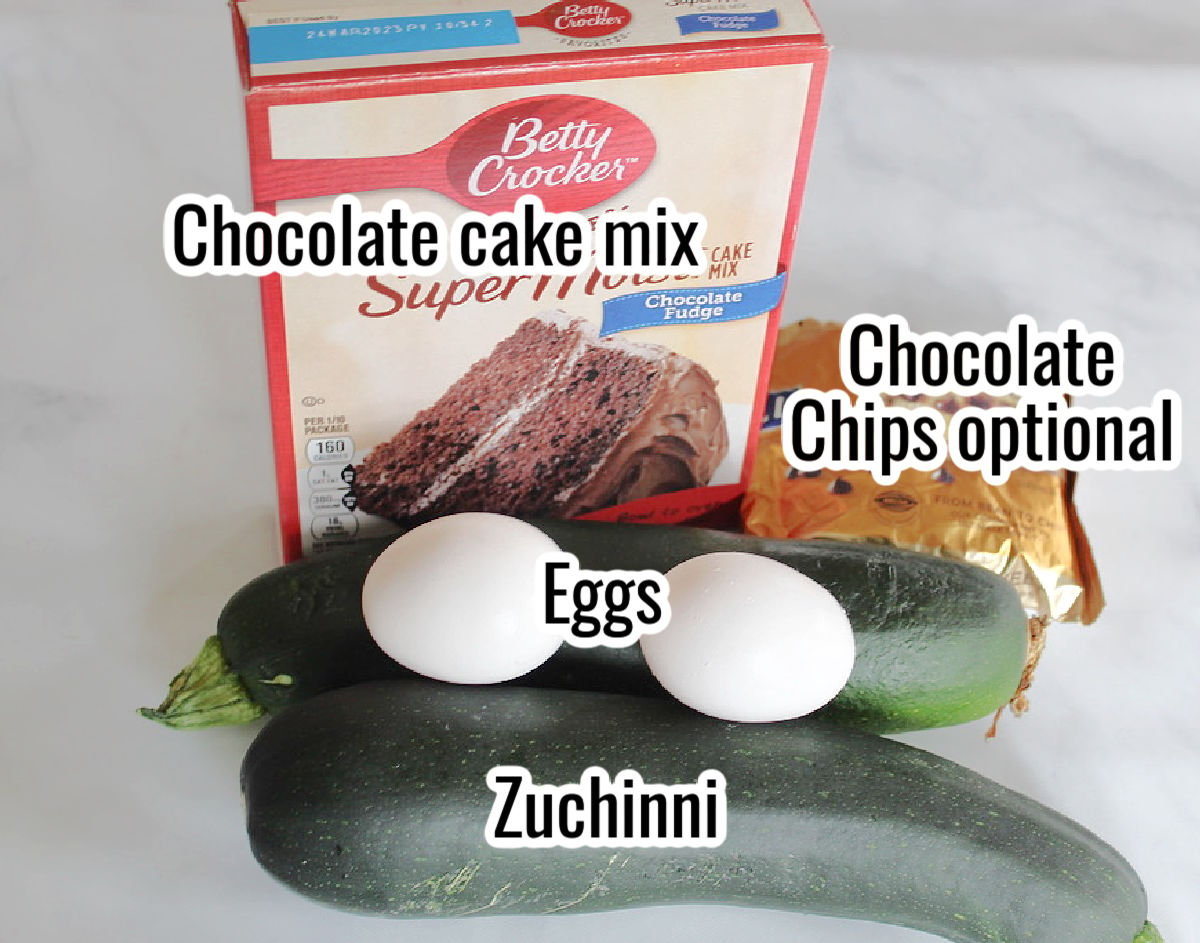 Ingredients for chocolate zuchinni muffins inclucing chocolate cake mix, two eggs, two small zuchinni and a bag of chocolate chips.