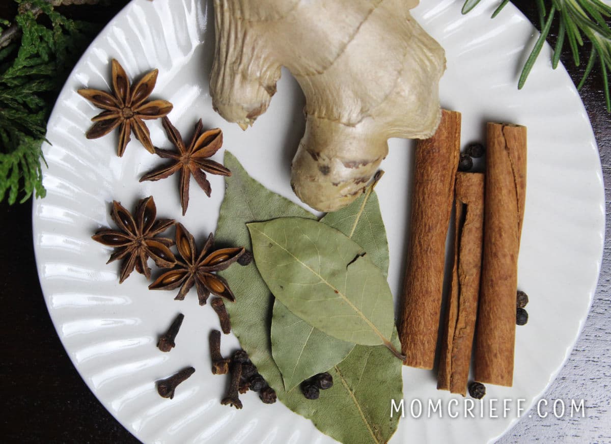 ginger, star of anise, bay leaves and cinnamon sticks on a white plate
