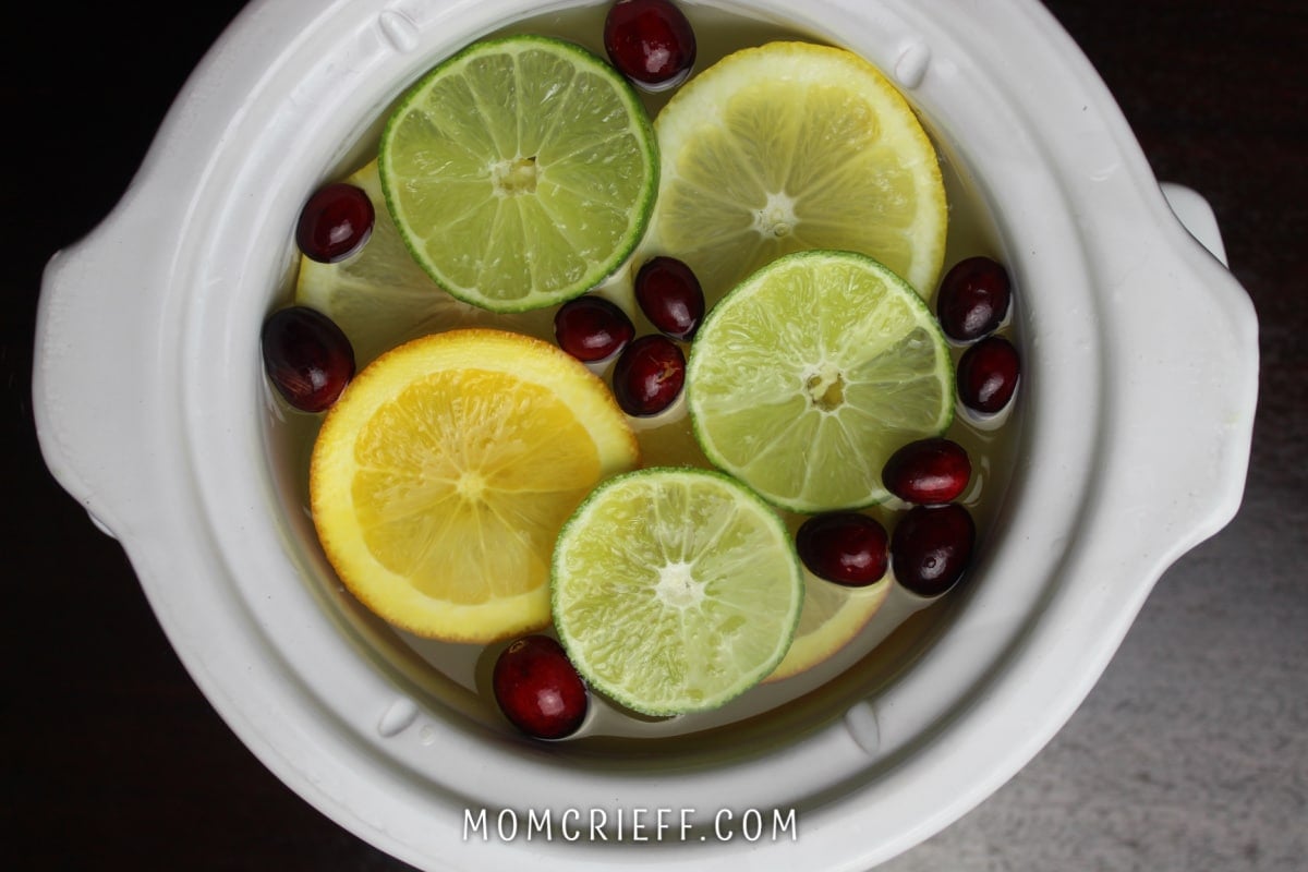 sliced lemons, oranges and limes in a white simmer pot