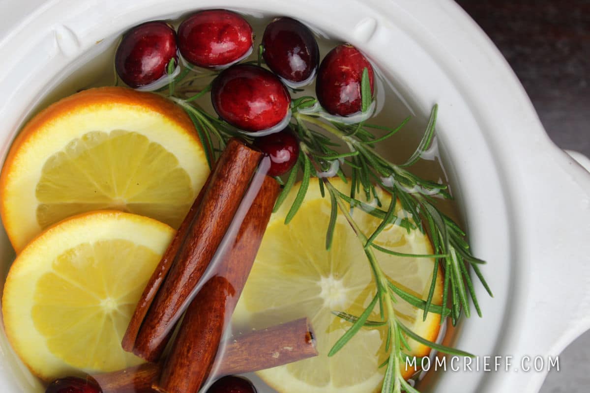 simmer pot that contains slices of orange, springs of thyme, cranberries and cinnimon sticks