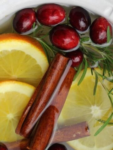 simmer pot that contains slices of orange, springs of thyme, cranberries and cinnimon sticks
