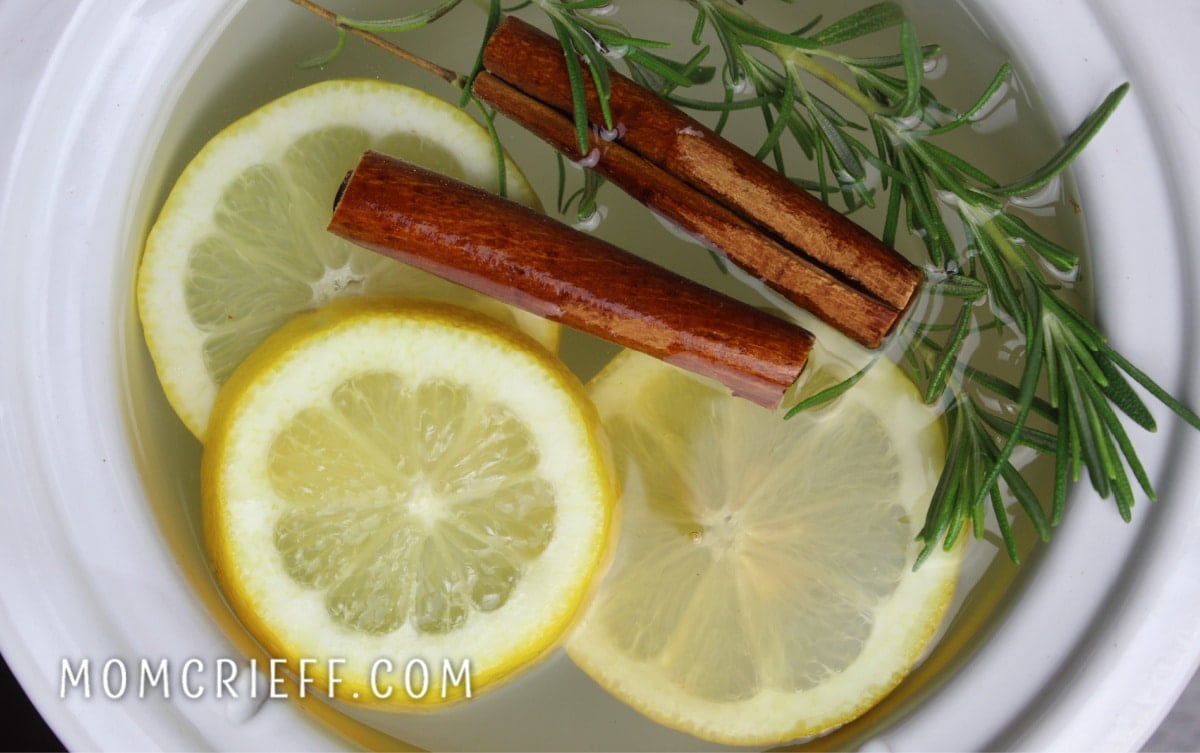 simmer pot with lemon slices, cinnamon sticks and rosemary sprigs