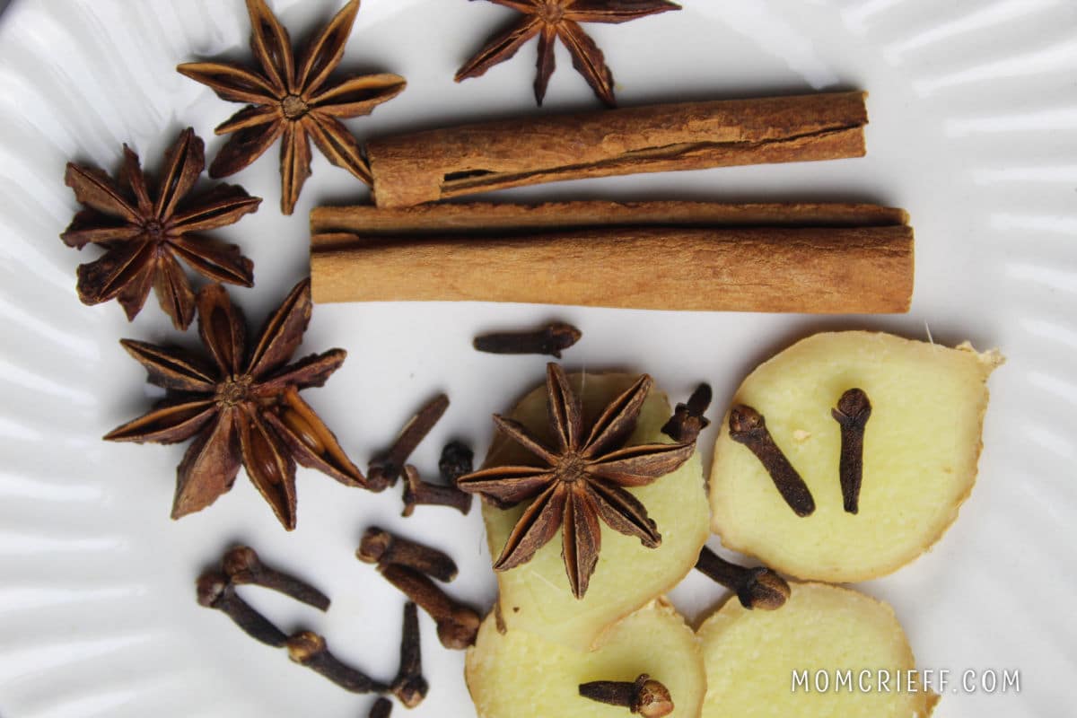 ginger slices, cinnamon sticks, cloves and anise