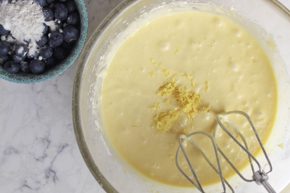 batter for blueberry muffins with lemon zest added