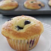 a blueberry muffin sitting in front of a muffin pan full of muffins