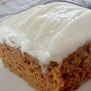 closeup of a piece of pumpkin cake with icing