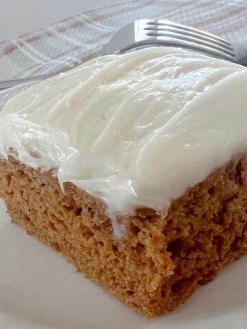 closeup of a piece of pumpkin cake with icing