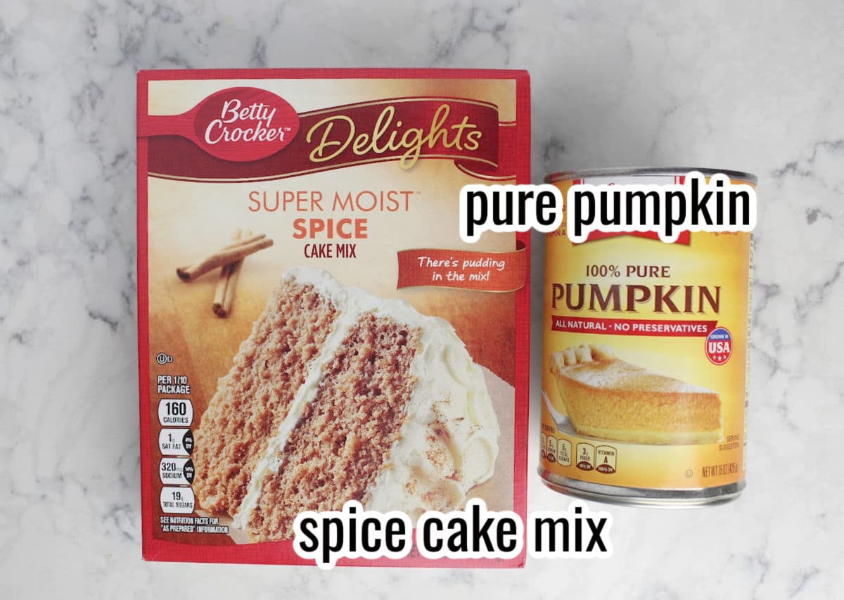ingredients including spice cake mix and a can of pumpkin puree for 2 ingredient pumpkin spice bread