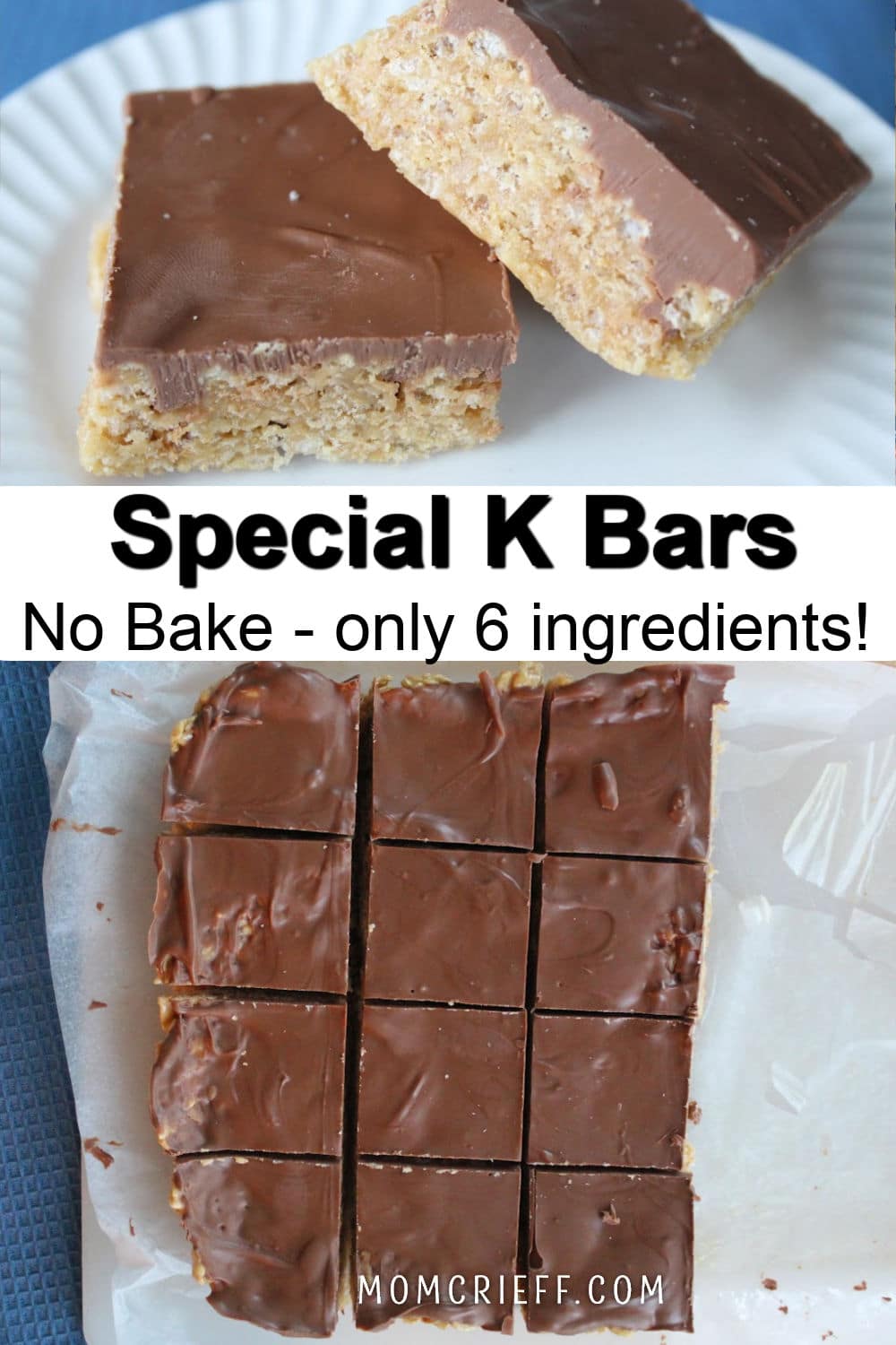 lower image is of cut Special K bars. Upper image is a close up of two special K bars.