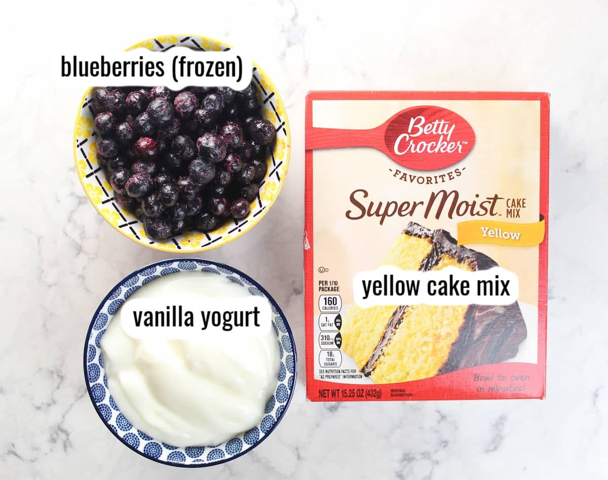 blueberry yogurt muffin ingredients including frozen blueberries, vanilla yogurt and yellow cake mix